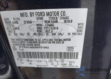 2005 Ford F-150 Fx4/Lariat/Xlt z USA, uszkodzony, nr VIN 1FTPW14505KF01992